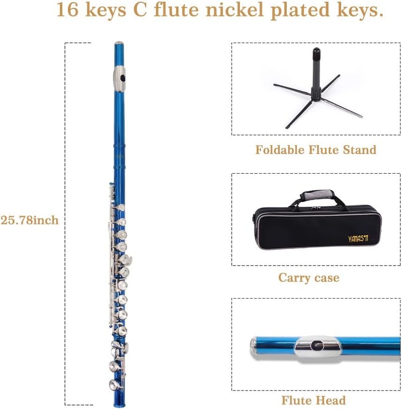 YANASON Blue C Flute Closed Hole 16 Keys Flute Nickel-Plated for Beginner, Student and Professionals with Carrying case, Metal stand, Gloves, Tuning Rod, Cleaning kit(Blue) - Image 2